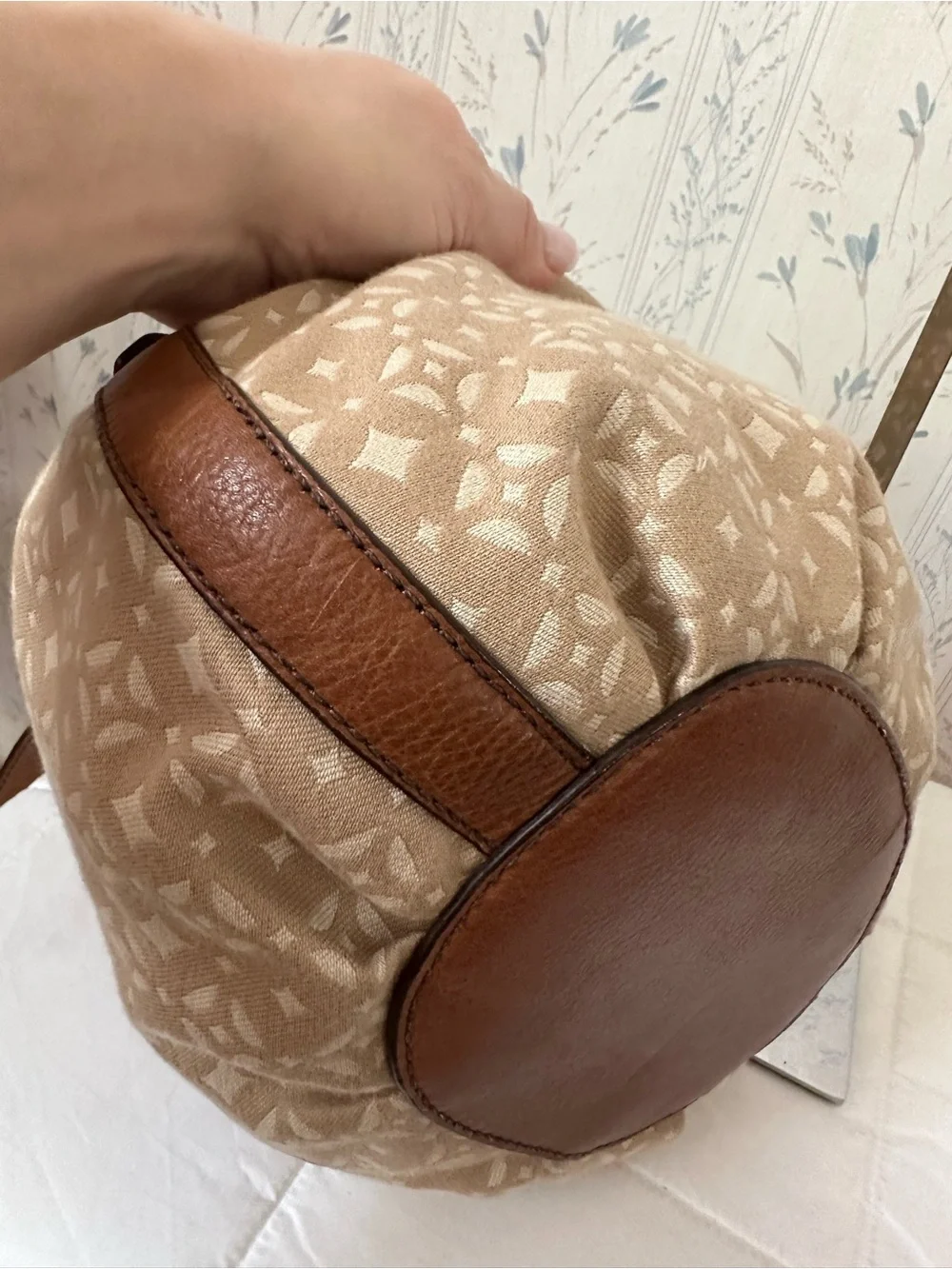 Fossil Beige Patterned Drawstring Bucket Bag with Brown Trim - Picture 13 of 16